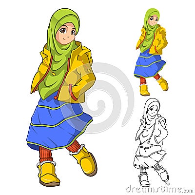 Muslim Girl Fashion Wearing Green Veil or Scarf with Yellow Jacket and Boots Vector Illustration