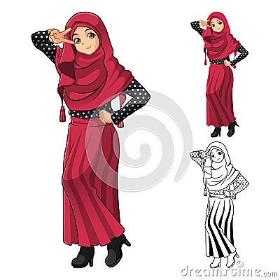 Muslim Girl Fashion Wearing Green Veil or Scarf with Yellow Jacket and Boots Vector Illustration