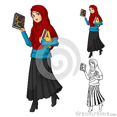 Muslim Girl Fashion Wearing Green Veil or Scarf with Yellow Jacket and Boots Vector Illustration