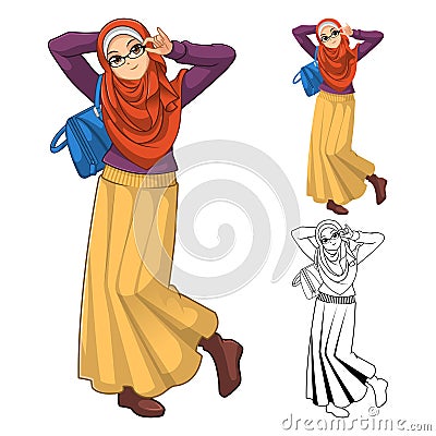 Muslim Girl Fashion Wearing Green Veil or Scarf with Yellow Jacket and Boots Vector Illustration