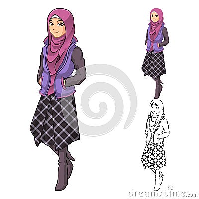 Muslim Girl Fashion Wearing Green Veil or Scarf with Yellow Jacket and Boots Vector Illustration