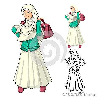 Muslim Girl Fashion Wearing Veil or Scarf with Holding a Bag and Dress Outfit Vector Illustration