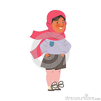 Muslim Girl First Grader Standing with Hands in Pocket and Smiling Vector Illustration Vector Illustration