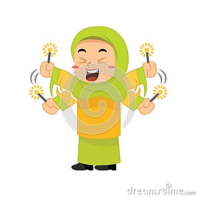 muslim girl playing with firework sparklers. Vector illustration decorative design Vector Illustration