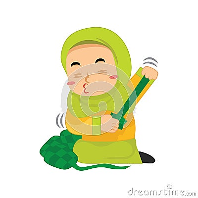muslim girl preparing ketupat. Vector illustration decorative design Vector Illustration
