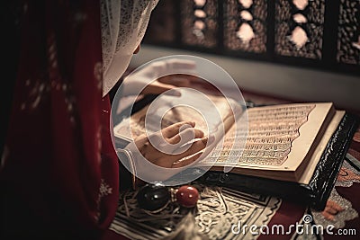 Muslim girl reading the holy book Quran on a prayer rug. A Muslim girl with a covered face and the Quran, the holy book of Islam. Cartoon Illustration