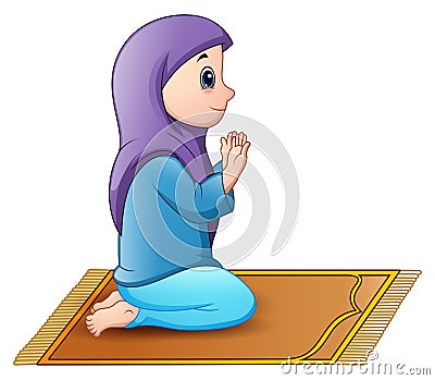 Muslim girl sitting on the prayer rug while praying Vector Illustration