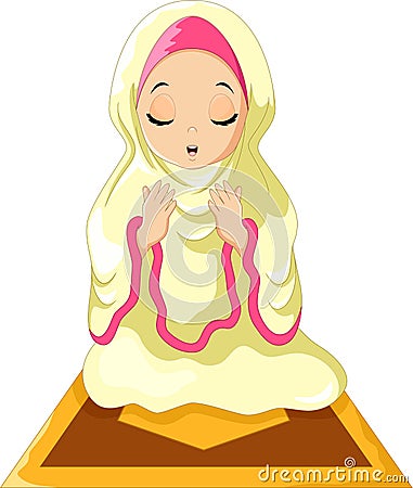 Muslim girl sitting on the prayer rug while praying Cartoon Illustration
