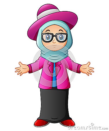 Muslim girl wearing blue veil and pink clothes presenting Vector Illustration