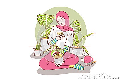 Muslim girl wearing hijab taking photo of beautiful tree with his mobile to post for sale online Cartoon Illustration