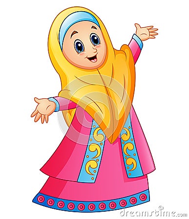 Muslim girl wearing yellow veil and pink dress presenting Vector Illustration