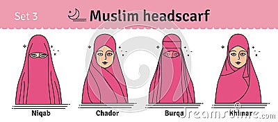 Muslim headwear guide. The set of different types of women headscarves. Vector icon colorful illustration. Set 3. Vector Illustration