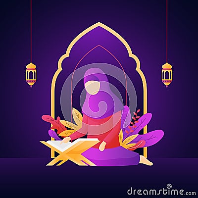 Muslim hijab girl reading al quran the holy book of islam flat illustration with mosque arch background floral leaf and Cartoon Illustration