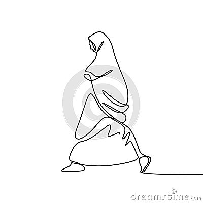 Muslim hijab girl walking one continuous line drawing wearing burka Vector Illustration