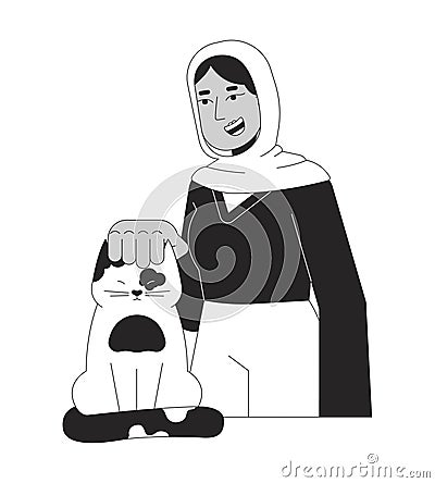 Muslim hijab woman petting cat head black and white 2D line cartoon character Vector Illustration