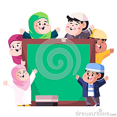 muslim Islam kids welcome back to schooltemplate green chalkboard welcoming greeting Vector Illustration