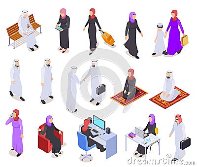 Muslim isometric. Arab 3d people, saudi business woman and man in traditional clothes. Arabian isolated vector Vector Illustration