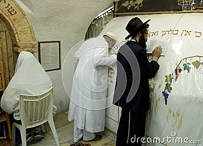 A Muslim and Jewish prayers are praying together in the tomb of the Prophet Samuel. Editorial Stock Photo