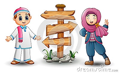 Muslim kid couple and blank wood arrow sign Vector Illustration