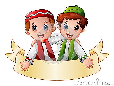 Muslim kid couple embrace for each other presenting with blank sign Vector Illustration