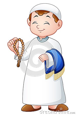 Muslim kid holding praye beads and prayer rug Vector Illustration