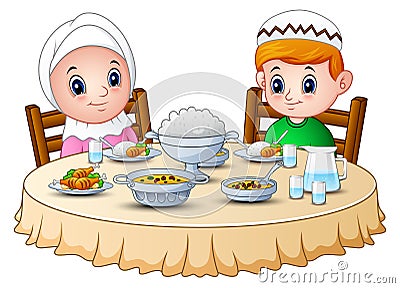 Muslim kid pray together before break fasting Vector Illustration