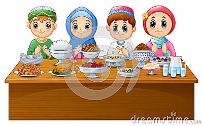 Muslim kid pray together before break fasting Vector Illustration