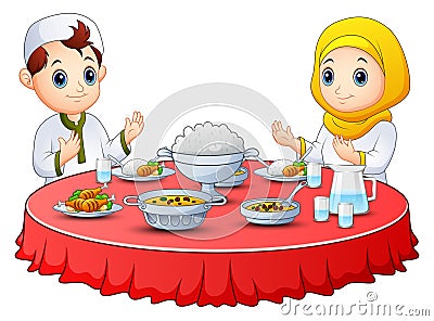 Muslim kid pray together before break fasting Vector Illustration