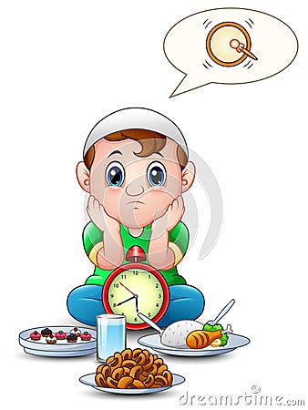 Muslim kid sit on the floor while wait break fasting with some food in front of him Vector Illustration