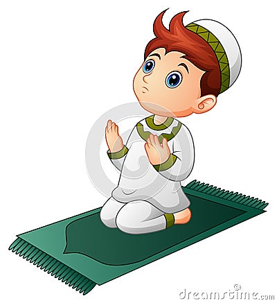 Muslim kid sitting on the prayer rug while praying Vector Illustration