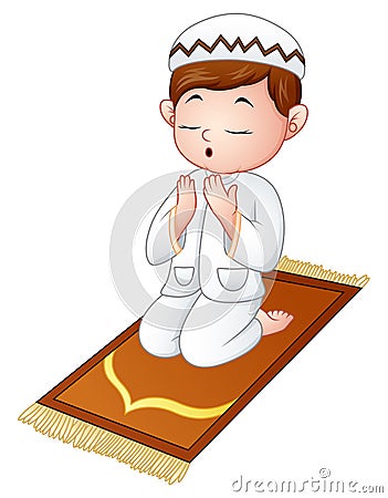 Muslim kid sitting on the prayer rug while praying Vector Illustration