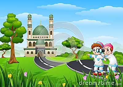 Muslim kids cartoon in the street with a binoculars Vector Illustration