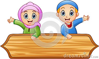 Muslim kids cartoon with wooden sign Vector Illustration