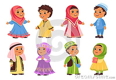 Muslim kids. Funny Arab boys and girls in traditional clothes. Happy little Islamic children national outfit. Young Vector Illustration
