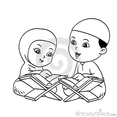 Muslim Kids Learnig Quran Hand drawn Illustration Vector Illustration