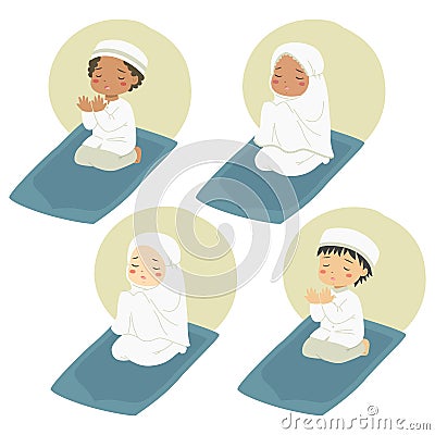 Muslim Kids Praying, Cartoon Vector Set Vector Illustration