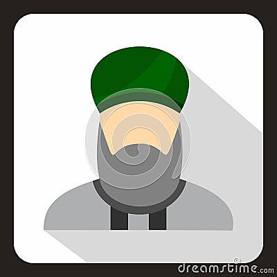 Muslim man with beard in green turban icon Cartoon Illustration