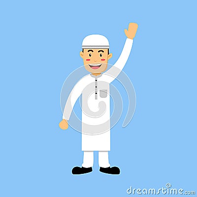 Muslim man character white shirt humble say hello greeting Vector Illustration