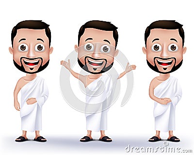 Muslim Man Characters Wearing Ihram Cloths for Performing Hajj or Umrah Vector Illustration