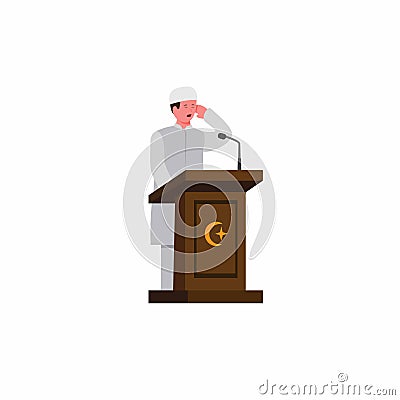 Muslim man doing adzan for prayer call in podium with microphone in mosque, religious time prayer symbol cartoon flat illustration Vector Illustration