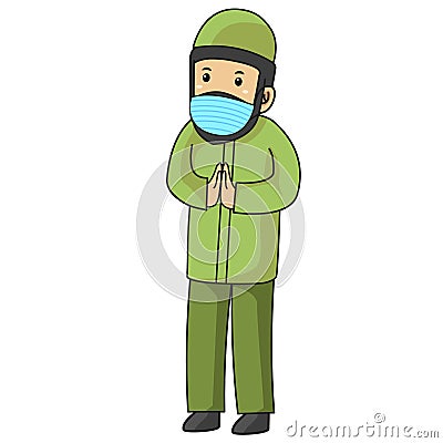 Muslim man are greeting forgiveness with another muslim, using mask and healthy protocol.Character illustration Vector Illustration