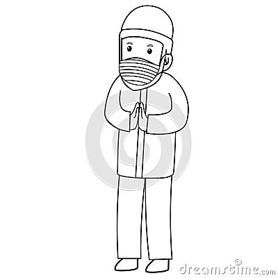 Muslim man are greeting forgiveness with another muslim, using mask and healthy protocol. Character illustration Vector Illustration