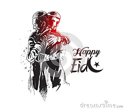 Muslim man hugging and wishing to each other on occasion of Eid Vector Illustration