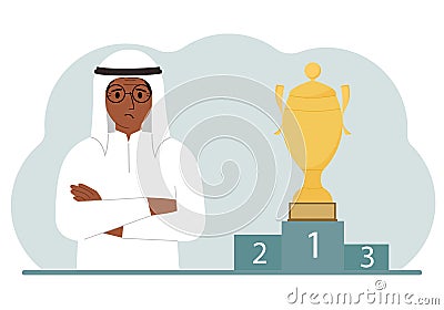 A muslim man next to the pedestal on which the cup for victory and first place. Vector Illustration