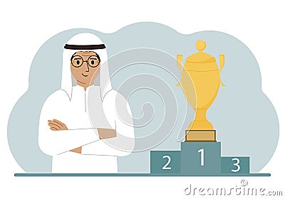 A muslim man next to the pedestal on which the cup for victory and first place. Vector Illustration