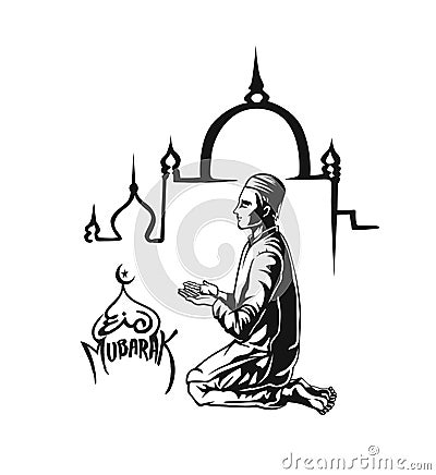 Muslim man praying Namaz, Islamic Prayer - Hand Drawn Sketch Vector Illustration