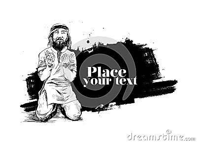 Muslim man praying Namaz, Islamic Prayer - Hand Drawn Sketch Vector Illustration