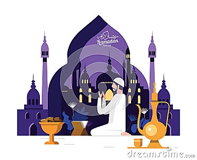 Muslim man in traditional outfit reading Namaaz, islamic prayer in front of islamic mosque Background. Vector Illustration