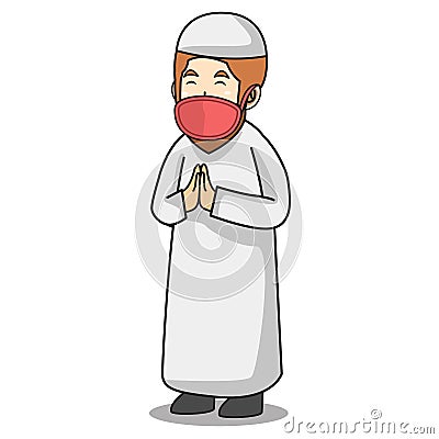Muslim man with white dress traditional muslim.Greeting forgiveness to another muslim in ramadan month, using mask and healthy Vector Illustration