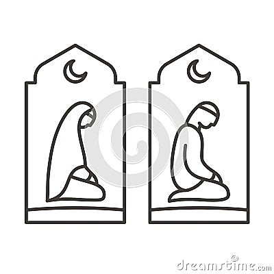 Muslim man and woman making a supplication. Islamic prayer icons Vector Illustration